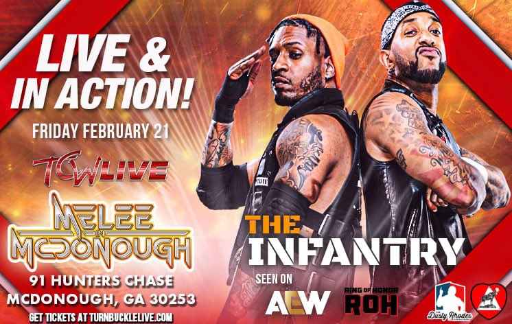 1FWrestling's tweet image. REP THE SET OR EXPECT THE DISRESPECT! One of the hottest tag teams in @AEW and @ringofhonor right now #theinfantry of #STP @CarlieBravo and @ShawnDean773 will be in tag team action just outside Atlanta, GA 2/21!

Turnbucklelive.com 🎟️