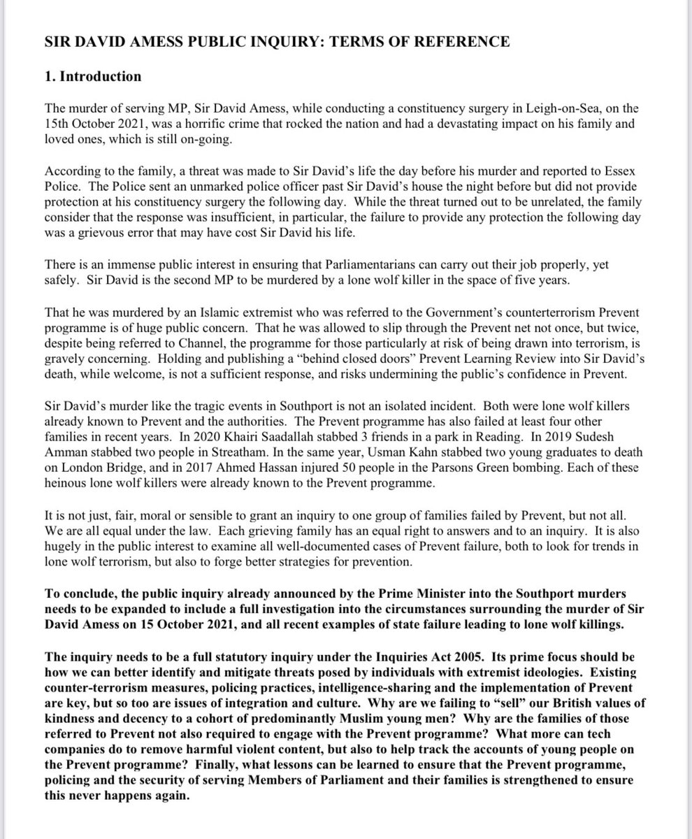 Anna_Firth's tweet image. 2/ In order to assist the Amess family and the @ukhomeoffice in conjunction with Lady Julia and Katie Amess I have taken the liberty of drafting  suggested #TermsofReference for such an inquiry.  There remain lots of unanswered questions surrounding the death of #SurDavidAmess…
