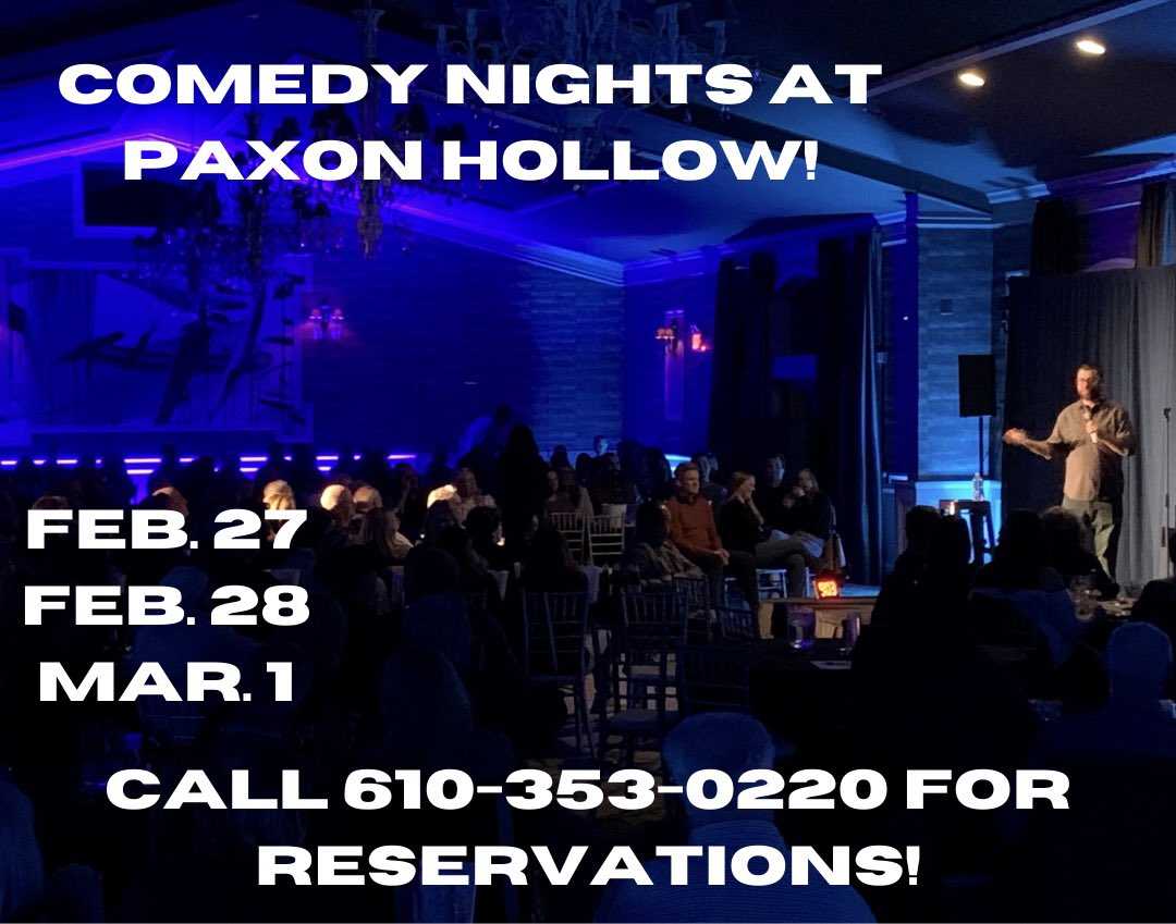 DELCO! 

COMEDY NIGHTS at Paxon Hollow are two weeks away! THREE nights to choose from! 

8pm each night/$20 on Thurs/$30 on Fri &amp; Sat. Food and drink available during the show! 

RESERVATIONS REQUIRED! Round-up a crew and come on out!