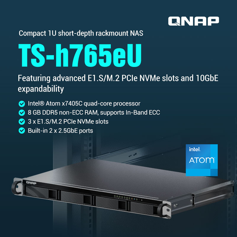 QNAPCanada's tweet image. Introducing the TS-h765eU – QNAP’s latest short-depth ZFS NAS! 🌟 1U chassis, 7 storage drives, Intel Atom x7405C, dual 2.5GbE, &amp;amp; long-term availability till 2031. Perfect for space-constrained setups! 🔥 👉 [qnap.to/74advu] #QNAP #NAS #EdgeStorage
