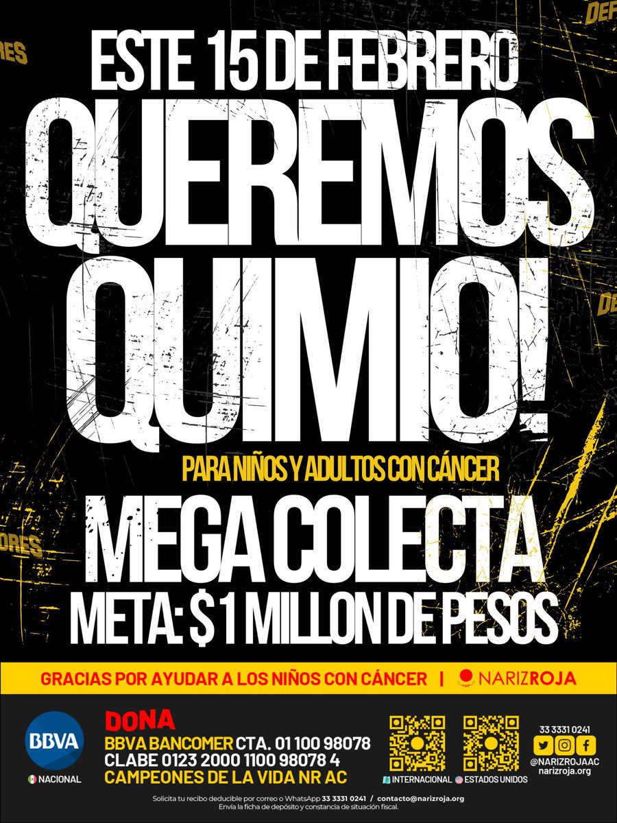#QueremosQuimio ante el desabasto de medicamentos que hay en 🇲🇽 levantamos una vez mas la voz y te invitamos a donar porque los queremos sanos , los queremos vivos ! 

🇲🇽 BBVA  Cuenta: 0110098078 Clabe:  012320001100980784  Campeones de la vida NR AC         
🇺🇸