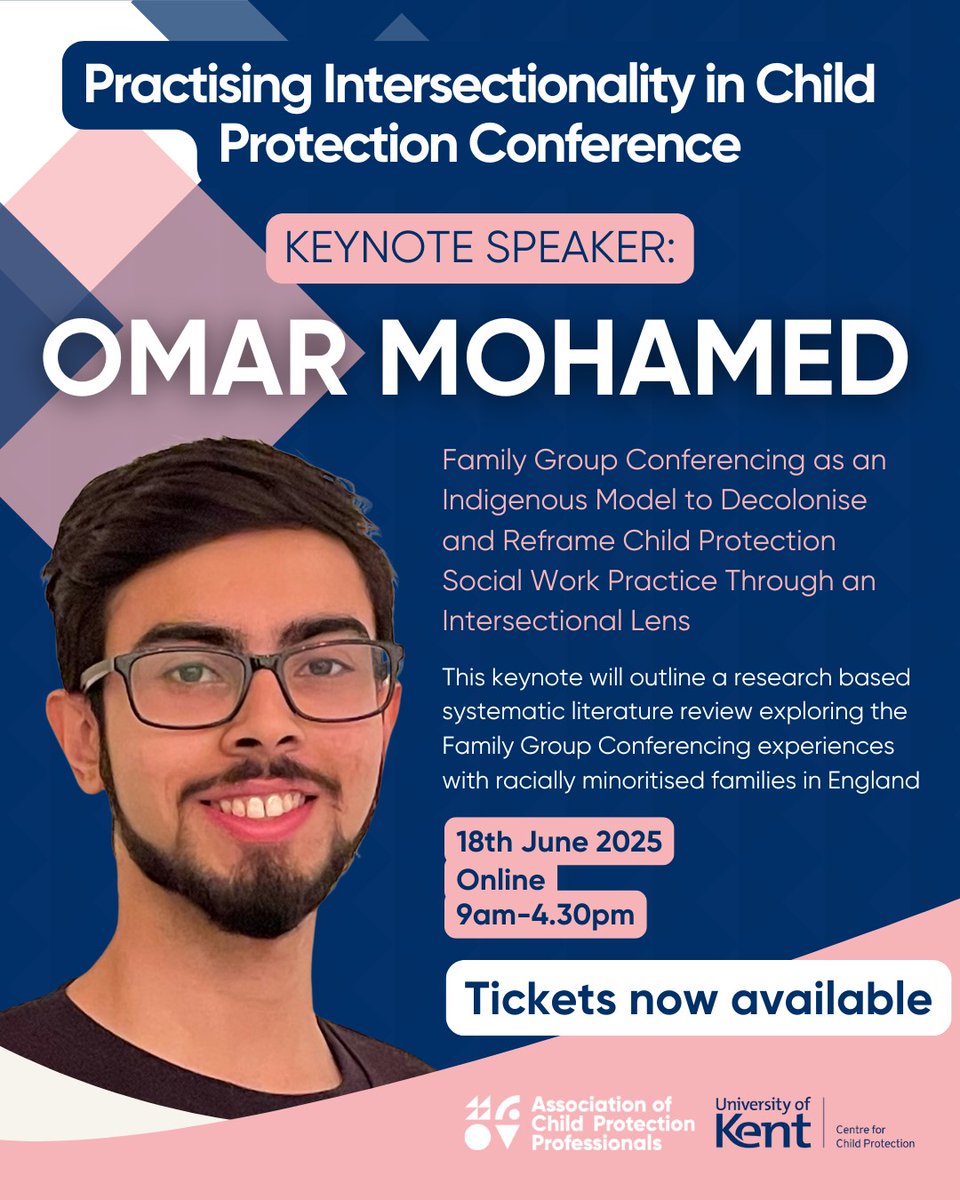 Centre for Child Protection, University of Kent (@unikentccp) on Twitter photo We still have places for our 18 June online conference, 'Practising Intersectionality in Child Protection' childprotectionprofessionals.org.uk/events/practis… Practice and academic-based abstracts can be submitted by 14 Feb
childprotectionprofessionals.org.uk/abstract-submi…
We are delighted to have Omar Mohamed as one of our keynotes We still have places for our 18 June online conference, 'Practising Intersectionality in Child Protection' childprotectionprofessionals.org.uk/events/practis… Practice and academic-based abstracts can be submitted by 14 Feb
childprotectionprofessionals.org.uk/abstract-submi…
We are delighted to have Omar Mohamed as one of our keynotes