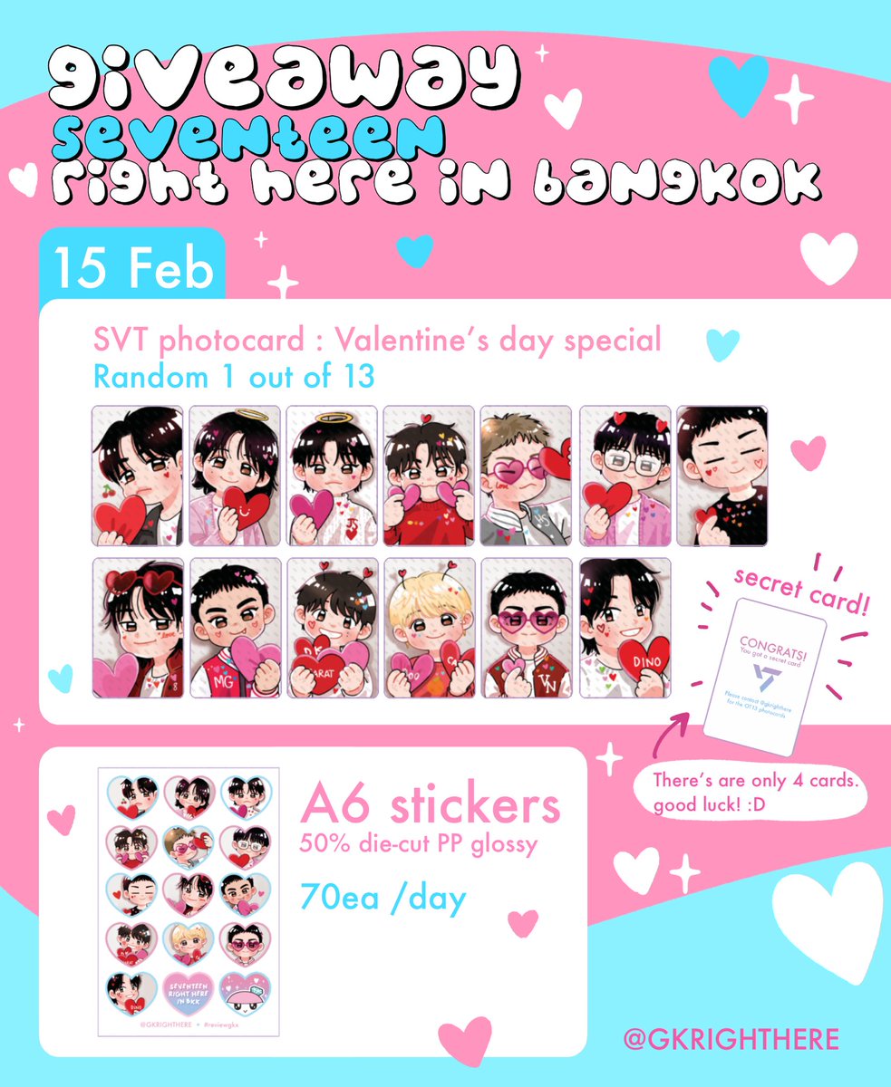 gkrighthere's tweet photo. 🎁 #SVT_RIGHT_HERE_IN_BANGKOK Giveaway 

15/02 : 
SVT photocard 🩷
Random - 1 out of 13

16/02 :
Homemade sugar cookies 🍪
Random - 1 out of 13

A6 sticker 70ea / day

-

✨ pls RT &amp; show this tweet 
🗓️ : 15-16 Feb 2025
📍 : Rajamangala stadium
🕕: TBA

#กะรัตพระเวสสันดร https://t.co/558a3degyQ