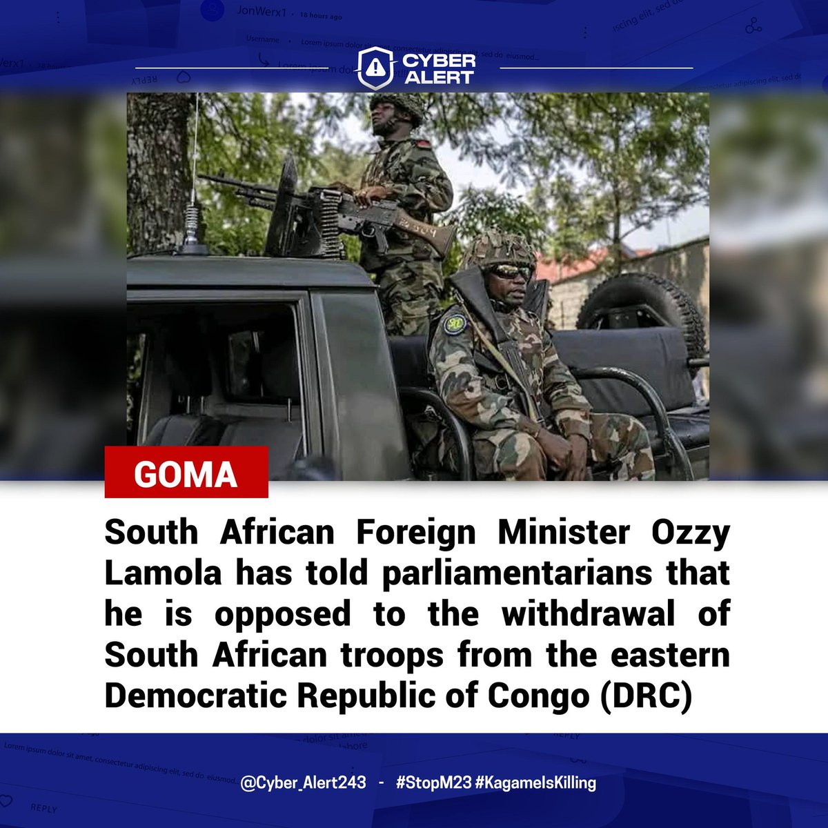 Cyber_Alert243's tweet photo. South Africa refuses to give in to Rwandan aggression in the Democratic Republic of Congo
#StopM23
#KagameIsKilling
#CyberAlert243
#FreeCongo https://t.co/AYVQOwE4KT