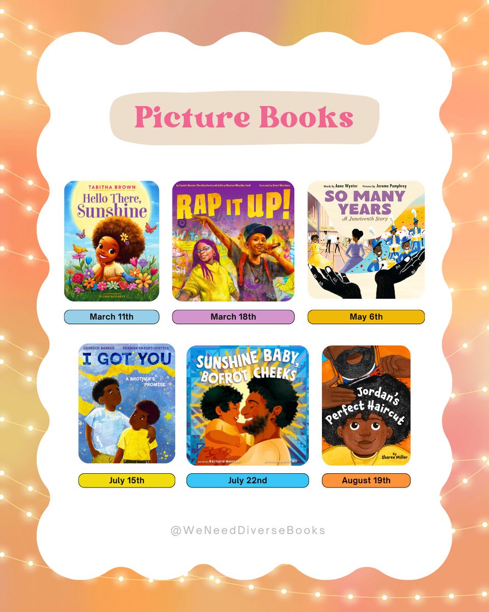 We Need Diverse Books (@diversebooks) on Twitter photo 📖 Picture Books
▪︎ “Hello There, Sunshine” by <a href="/IamTabithaBrown/">Tabitha Brown</a> & Olivia Duchess
▪︎ “Rap it Up!” by <a href="/poetweatherford/">Carole Boston Weatherford</a>, Jeffery Boston Weatherford, & Ernel Martinez
▪︎ “So Many Years: A Juneteenth Story” by Anne Wynter & <a href="/wjpumphrey/">Jerome Pumphrey</a>
(Titles continued below ⬇️) 📖 Picture Books
▪︎ “Hello There, Sunshine” by <a href="/IamTabithaBrown/">Tabitha Brown</a> & Olivia Duchess
▪︎ “Rap it Up!” by <a href="/poetweatherford/">Carole Boston Weatherford</a>, Jeffery Boston Weatherford, & Ernel Martinez
▪︎ “So Many Years: A Juneteenth Story” by Anne Wynter & <a href="/wjpumphrey/">Jerome Pumphrey</a>
(Titles continued below ⬇️)