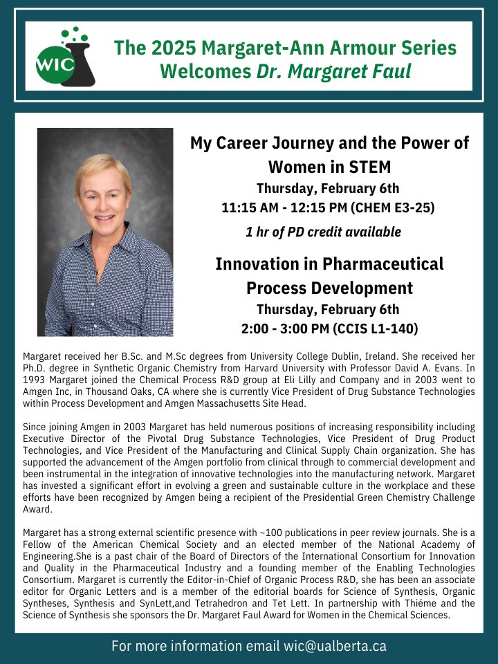 University of Alberta WIC (@uofawic) on Twitter photo Thanks for attending our annual Margaret-Ann Armour Lecture Series last week, where we hosted Dr. Margaret Faul, VP of Drug Substance Technologies (Process Development) and Amgen Massachusetts Site Head. Thanks <a href="/faul_margaret/">margaret faul</a> for visiting Edmonton during our cold winter! Thanks for attending our annual Margaret-Ann Armour Lecture Series last week, where we hosted Dr. Margaret Faul, VP of Drug Substance Technologies (Process Development) and Amgen Massachusetts Site Head. Thanks <a href="/faul_margaret/">margaret faul</a> for visiting Edmonton during our cold winter!