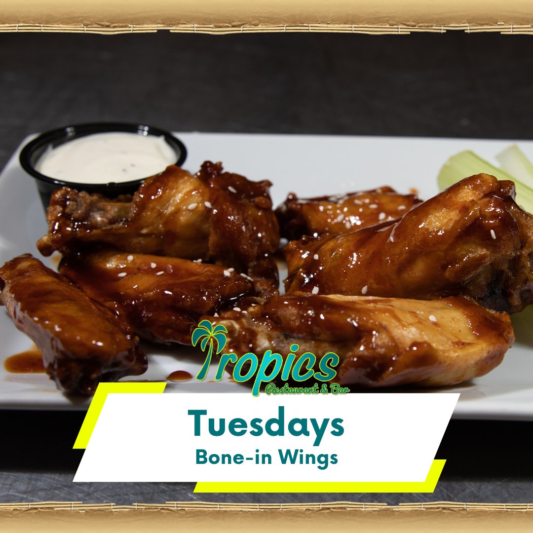 Get saucy this Tuesday at Tropics with our unbeatable wing special! 🍗 So many flavors, so little time. #TropicsWV #WingSpecial #TuesdayTreat