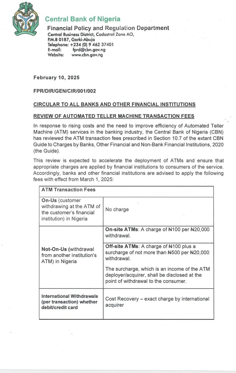 The Central Bank of Nigeria (CBN)  to introduce new fees for ATM transactions  in Nigeria 🇳🇬 starting March 1, 2025.