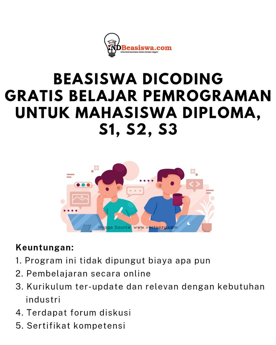INDBeasiswa's tweet photo. 7. Beasiswa Dicoding Bangun Negeri
✅️ Kelas pemrograman GRATIS untuk Mahasiswa semua jenjang
✅️ Pilihan Kelas:
1. Memulai Pemrograman dengan Python
2. Dasar Visualisasi Data
3. Dasar SQL
4. Dasar Data Science
5. Dasar AI
📅 Deadline: 7 Mar 2025
🔎Info: https://t.co/znPYIUWsSD https://t.co/aAmEDB7EVD