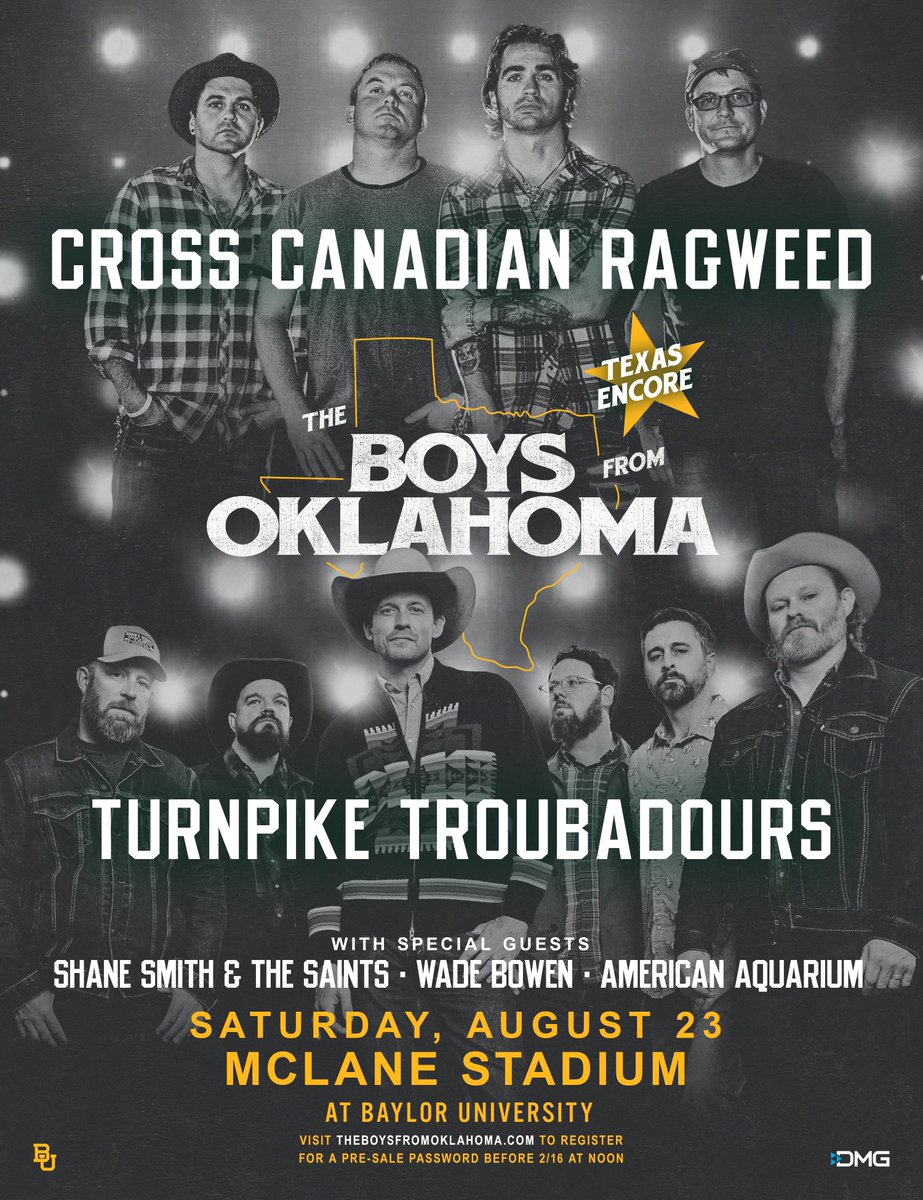 GET READY. The Boys from Oklahoma are coming to <a href="/McLaneStadium/">McLane Stadium</a> this August! 🤠

🎟️ Get your pre-sale password to secure tickets next Tuesday, Feb. 18: theboysfromoklahoma.com

#SicEm | #TexasEncore