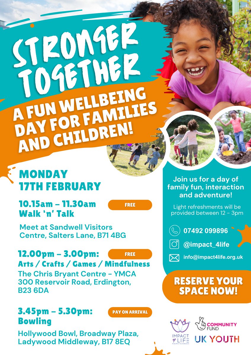🌟 Join us for a day of fun &amp; relaxation! 🧘‍♀️🎨🎳
📅 Monday 17th Feb
🚶‍♂️ Walk &amp; Talk at Sandwell Valley 🌳
🎭 Games, Arts &amp; Mindfulness
🎳 Bowling at Hollywood Bowl
All welcome! Don’t forget to register &amp; spread the word! 📢
#wellbeing #health