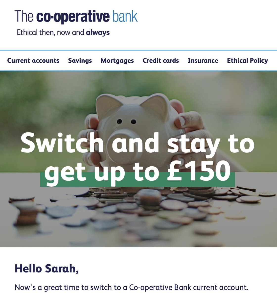 .<a href="/CooperativeBank/">The Co-operative Bank UK</a> Nice! But wouldn't it more appropriate to reward customers who've remained for 20+ years, despite a dated app, lack of granular transaction info and virtual savings pots, and no bank feed? We stay for the ethics+great PrivPrem acc but Co-op needs an update😃