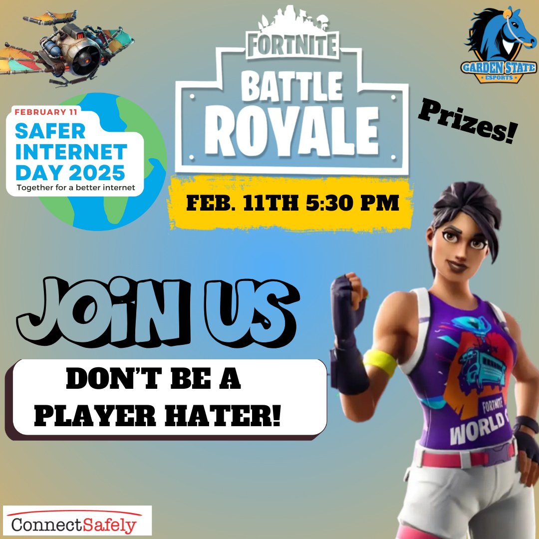 Tonight is the night! Come hang out at our “Don’t be a Player Hater” Fortnite event! Jump into some live rounds, compete for cool prizes, and help us tackle the negativity in gaming. bit.ly/3WbBrT3 #esports #esportsedu #education #newjersey #Fortnite #gamers