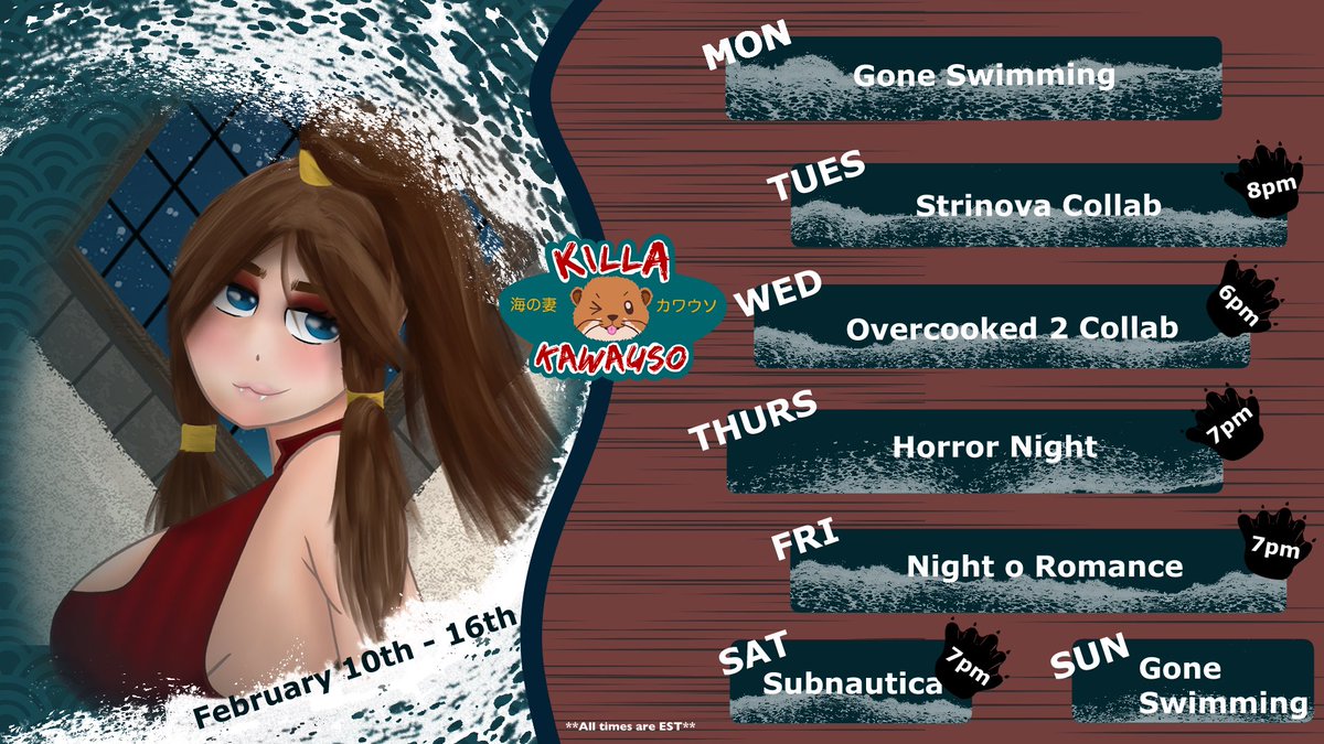 KillaKawauso's tweet photo. This week’s schedule featuring @grodytube Tuesday and @ChimeraChi_TV on Wednesday #Vtuber #ENVtuber #Waheee #Waifu #OtterMom https://t.co/ttK9f9QzeD