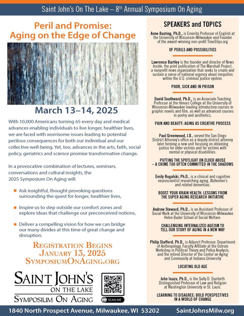 A proactive combination of lectures, seminars, converations and cultural insights, will be happening at the 2025 Symposim on Aging! 

Registration is now open: saintjohnsmilw.org/events/symposi…