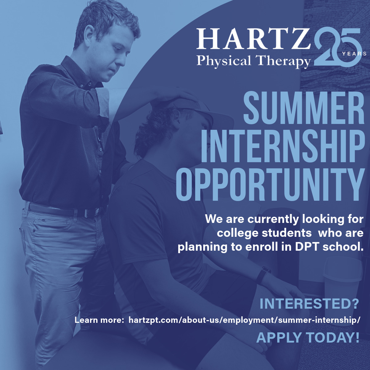 Are you a college student interested in a career in physical therapy? We are looking for summer interns!  Gain invaluable in-clinic experience to prepare you for your future profession!  Learn more here: hartzpt.com/about-us/emplo… #summerinternship #physicaltherapy