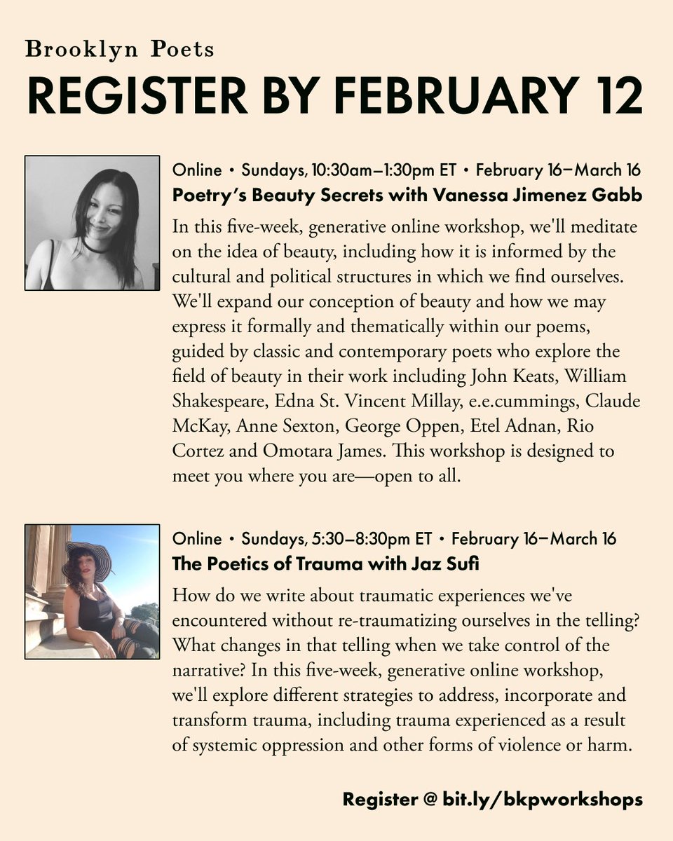 BrooklynPoets's tweet photo. ONE DAY LEFT!! Register by tomorrow, February 12, for these upcoming workshops with @vjimenezgabb &amp; @calamityjaz! https://t.co/XhfqkBBa3g https://t.co/51MFrnG6jA