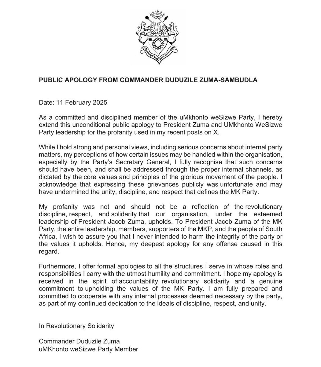 “Duduzile Zuma-Sambudla’s apology was just a strategic retreat. The real attack is coming, and Floyd Shivambu’s days are numbered. Watch this space. #MKPartyDrama”