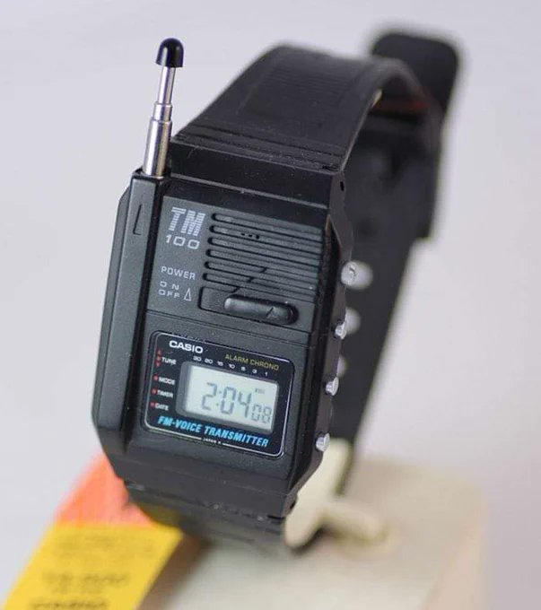 In 1987, Casio released the TM-100, possibly the most unusual digital watch.   

It embedded circuitry to transmit audio signals with a telescopic antenna. It could broadcast the audio to nearby radios over FM frequency.