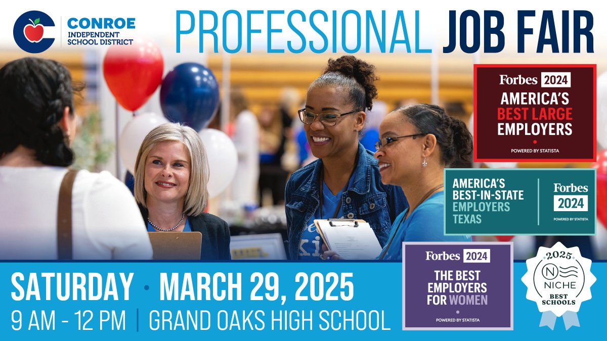 Conroe ISD will be hosting a Professional Job Fair on Saturday, March 29, at Grand Oaks High School. Visit the Job Fair website to learn more and register: tiny.conroeisd.net/9mRAr.