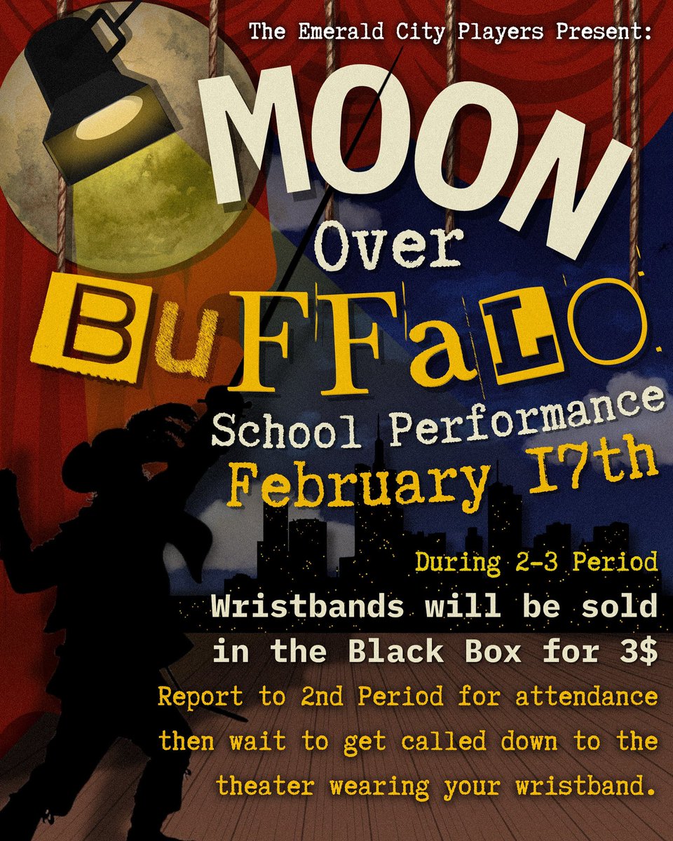 Moon Over Buffalo is coming to a stage near you! Catch our UIL One Act Play this February 17th in the auditorium! Wristbands will be sold all week in the Blackbox and during lunch! Prepare for laughter and chaos this February 17th in Moon Over Buffalo! <a href="/_MHSSTUCO/">Montwood HS StuCo</a>