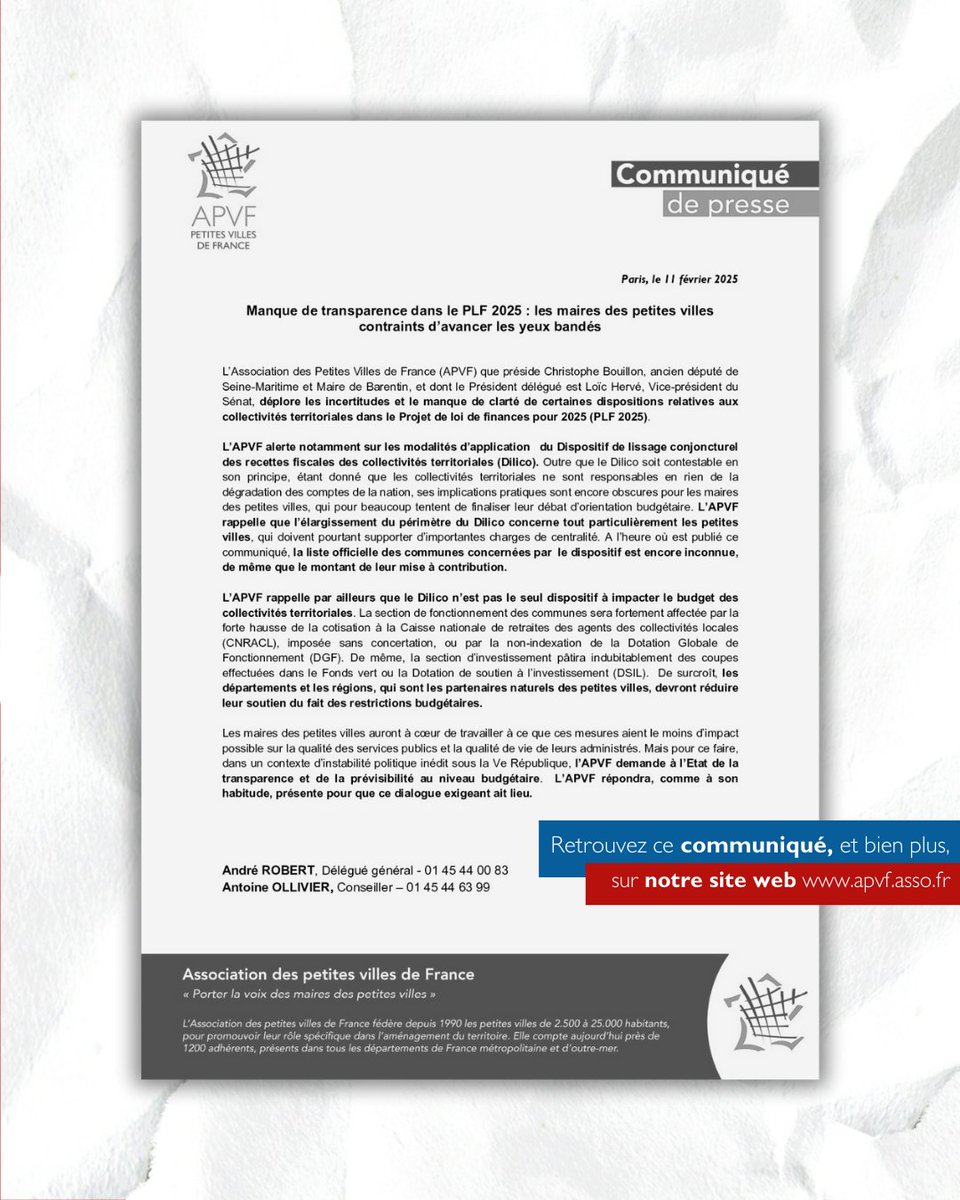 COMMUNIQUE DE PRESSE 📰
𝐿'𝐴𝑃𝑉𝐹 𝑑𝑒́𝑝𝑙𝑜𝑟𝑒 𝑙𝑒𝑠 𝑖𝑛𝑐𝑒𝑟𝑡𝑖𝑡𝑢𝑑𝑒𝑠 𝑒𝑡 𝑙𝑒 𝑚𝑎𝑛𝑞𝑢𝑒 𝑑𝑒 𝑐𝑙𝑎𝑟𝑡𝑒́ 𝑑𝑒 𝑐𝑒𝑟𝑡𝑎𝑖𝑛𝑒𝑠 𝑑𝑖𝑠𝑝𝑜𝑠𝑖𝑡𝑖𝑜𝑛𝑠 𝑟𝑒𝑙𝑎𝑡𝑖𝑣𝑒𝑠 𝑎𝑢𝑥 𝑐𝑜𝑙𝑙𝑒𝑐𝑡𝑖𝑣𝑖𝑡𝑒́𝑠 𝑡𝑒𝑟𝑟𝑖𝑡𝑜𝑟𝑖𝑎𝑙𝑒𝑠 𝑑𝑎𝑛𝑠 𝑙𝑒 𝑃𝐿𝐹 25.