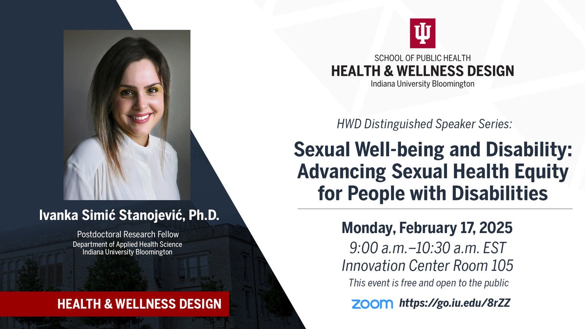 Join us on Monday, February 17 for Dr. Ivanka Simić Stanojević talk.

Dr. Ivanka Simić Stanojević is a Postdoctoral Research Fellow in the School of Public Health at Indiana University.