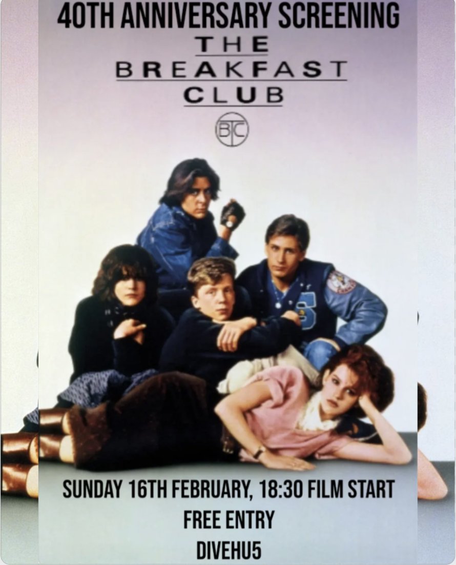 Come celebrate 40 years of the classic film The Breakfast Club with us this Sunday at <a href="/DIVEHULL/">DIVEHU5</a>, scran available from Pzahu5 too 🍕