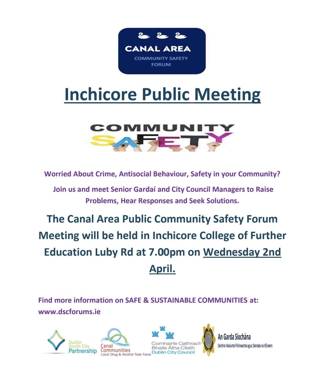 Councillor Ammar Ali (@ammaralidublin8) on Twitter photo 📢 **Inchicore Community Safety Public Meeting** 📢
Inchicore Community Safety Public Meeting will take place on Wednesday, 2nd April, at 7:00 PM <a href="/ICFEofficial/">Inchicore College</a>.
<a href="/mercyinchicore/">Mercy Inchicore</a> <a href="/Mercy_YSI/">Give Mercy to Inchicore</a> <a href="/K_I_Network/">Kilmainham Inchicore Network</a> <a href="/InchicoreEnviro/">InchicoreEnvironment</a> <a href="/cardagh/">Catherine Ardagh TD</a> <a href="/DubCityCouncil/">Dublin City Council</a> <a href="/gardainfo/">Garda Info</a> <a href="/KilmainhamOPW/">KilmainhamGaolMuseum</a> 📢 **Inchicore Community Safety Public Meeting** 📢
Inchicore Community Safety Public Meeting will take place on Wednesday, 2nd April, at 7:00 PM <a href="/ICFEofficial/">Inchicore College</a>.
<a href="/mercyinchicore/">Mercy Inchicore</a> <a href="/Mercy_YSI/">Give Mercy to Inchicore</a> <a href="/K_I_Network/">Kilmainham Inchicore Network</a> <a href="/InchicoreEnviro/">InchicoreEnvironment</a> <a href="/cardagh/">Catherine Ardagh TD</a> <a href="/DubCityCouncil/">Dublin City Council</a> <a href="/gardainfo/">Garda Info</a> <a href="/KilmainhamOPW/">KilmainhamGaolMuseum</a>