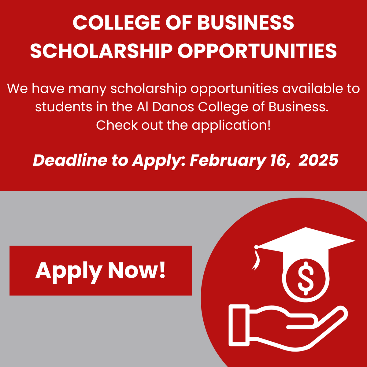 NichollsStCBA's tweet photo. Make sure to get applications in by February 16th!

Fill out this quick and easy application: https://t.co/xqJtnMQHtN https://t.co/YjJEqPvJWs