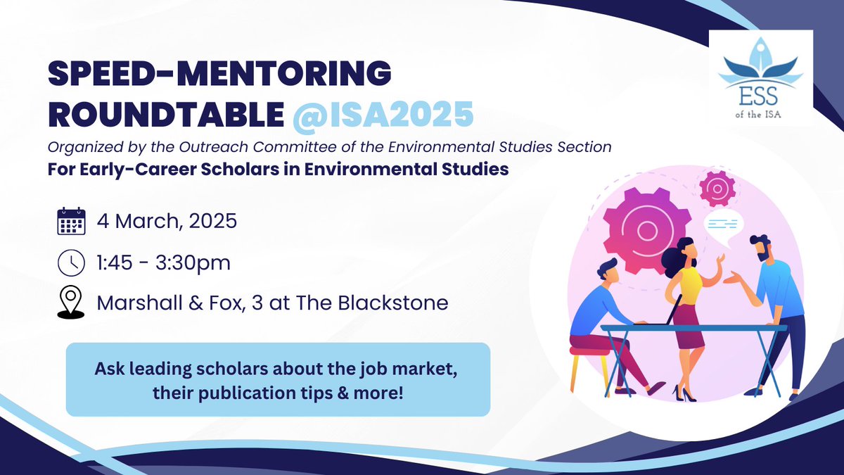 🌍✨ Calling all early-career scholars! ✨🌍  

Join us at #ISA2025 in Chicago for the Environmental Studies Section's Speed Mentoring Roundtable! 🚀

This is your chance to connect with fantastic mentors and get advice on jobs, publishing, teaching &amp; more! Don’t miss it! 👥💡