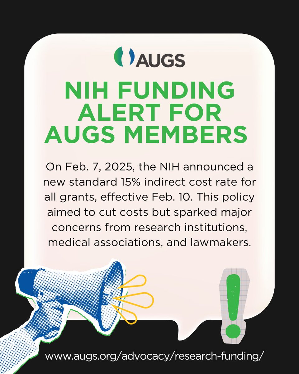 AUGS (@urogynsociety) on Twitter photo On Feb. 7, the <a href="/NIH/">NIH</a> announced a new standard 15% indirect cost rate for all grants, effective Feb. 10. This policy aimed to cut costs but sparked major concerns from research institutions, medical associations, and lawmakers.
Read the full Policy Alert: augsemail.informz.net/InformzDataSer… On Feb. 7, the <a href="/NIH/">NIH</a> announced a new standard 15% indirect cost rate for all grants, effective Feb. 10. This policy aimed to cut costs but sparked major concerns from research institutions, medical associations, and lawmakers.
Read the full Policy Alert: augsemail.informz.net/InformzDataSer…