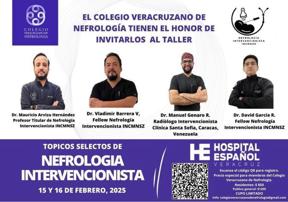 ¿Sabes como se coloca un acceso vascular retrógrado? 
¿Te interesa conocer más sobre el abordaje y manejo endovascular del paciente con estenosis de vasos centrales? 
Aún hay cupos!!! 
Sede: Veracruz 15 y 16 de Febrero 
Auditorio Hospital Español.
NefroIntervención INCMNZ