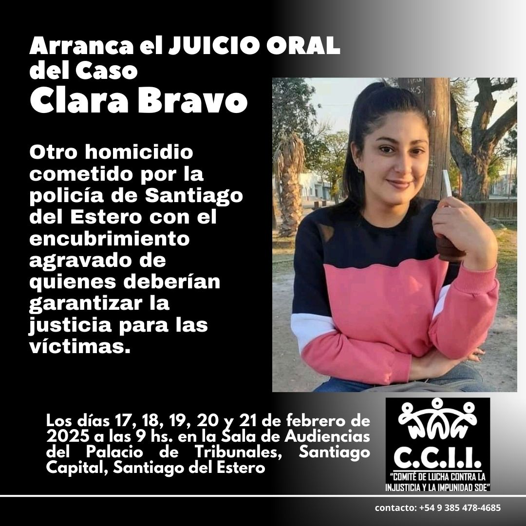 patricia carolina isorni (@isornipatricia) on Twitter photo Santiago del Estero clama JUSTICIA! No Maten a Nuestros Hijos! Convocamos junto a las familias del Comité de Lucha a acompañar y apoyar a la familia Bravo en el juicio por el HOMICIDIO DE CLARITA! No más policías narcos!
<a href="/VisionSantiago/">Visión Santiagueña</a> @FundApolo <a href="/CIDH/">CIDH - IACHR</a> <a href="/magioncalda/">José Magioncalda 🦍👍</a> <a href="/yamilsantoro/">Yamil Santoro</a> Santiago del Estero clama JUSTICIA! No Maten a Nuestros Hijos! Convocamos junto a las familias del Comité de Lucha a acompañar y apoyar a la familia Bravo en el juicio por el HOMICIDIO DE CLARITA! No más policías narcos!
<a href="/VisionSantiago/">Visión Santiagueña</a> @FundApolo <a href="/CIDH/">CIDH - IACHR</a> <a href="/magioncalda/">José Magioncalda 🦍👍</a> <a href="/yamilsantoro/">Yamil Santoro</a>