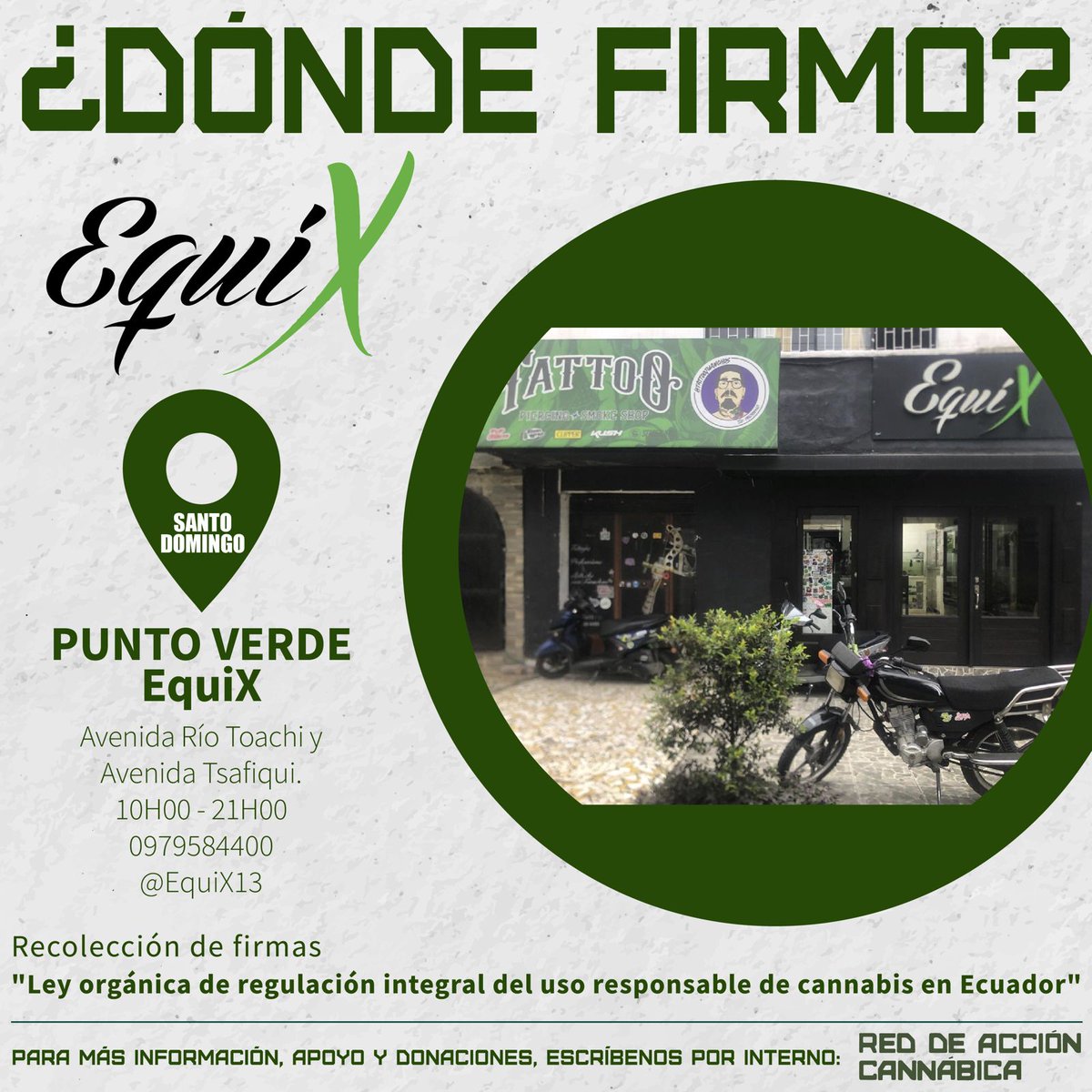 Redcan_Ec's tweet photo. #PuntoVerde 💚
¿Quieres firmar y no sabes dónde?
⬇️
@Equix13
#SantoDomingo
Avenida Río Toachi y Avenida Tsafiqui.
⏰ 10H00 a 21H00
☎️0979584400
🌱
#YoYaFirmé #Redcann #100Kfirmas #LeyVerdeEc #CannabisLegal2025 #LaLeyEsParaTodxs #RegulaciónResponsable #TodxsJuntxsContraElNarco https://t.co/XC6oWXW3XS