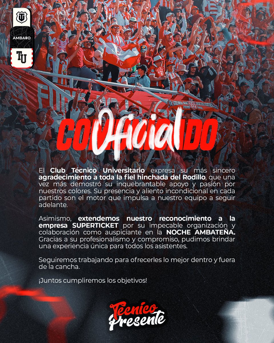 ⚪️ “𝐑𝐞𝐩𝐫𝐞𝐬𝐞𝐧𝐭𝐚𝐧𝐝𝐨 𝐚 𝐦𝐢 𝐜𝐢𝐮𝐝𝐚𝐝 𝐪𝐮𝐞𝐫𝐢𝐝𝐚” 🔴

Gracias #Albirrojos por acompañarnos siempre, dejaremos en alto nuestros colores 🇦🇹

Agradecemos a <a href="/SUPERTICKETEC/">SUPERTICKET ECUADOR</a> por permitirnos engrandecer la historia del fútbol de nuestra ciudad ⚽️🤝

#TécnicoPresente