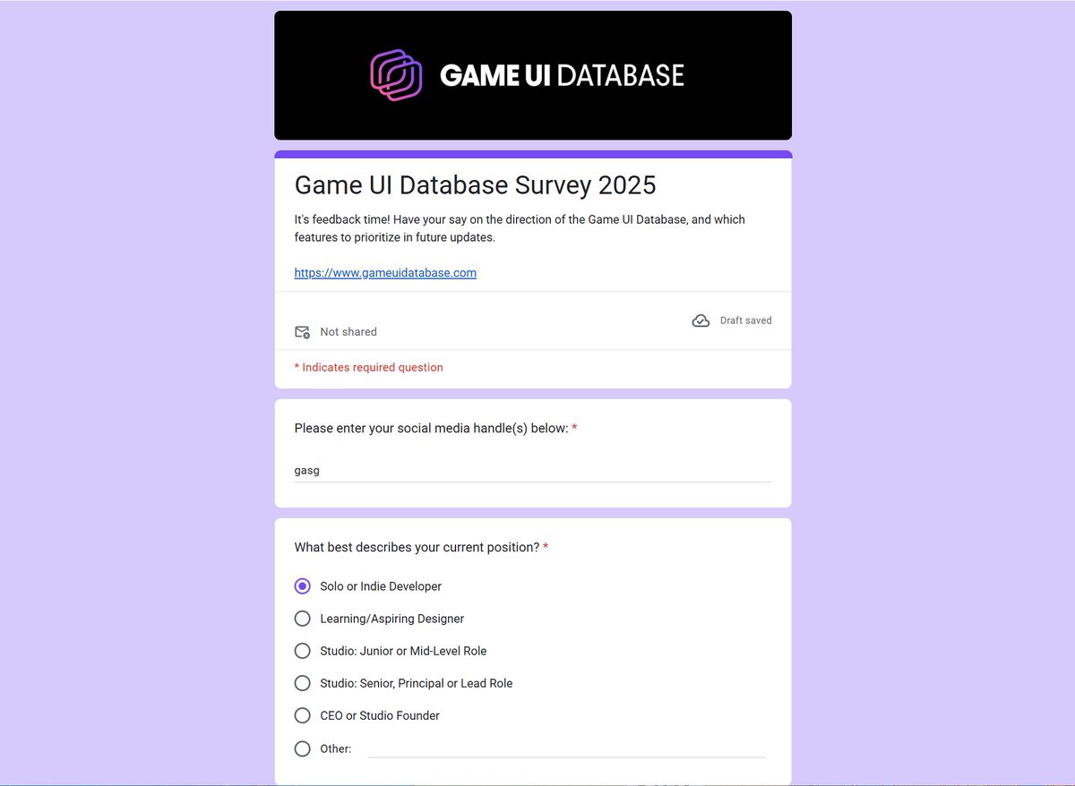 Hi everyone! With the Game UI Database now in its 5th year, I wanted to get some feedback on which direction to take the site, and what to prioritize in future updates.
If you have a moment to spare, please fill out the form below. It would be a huge help!
docs.google.com/forms/d/e/1FAI…
