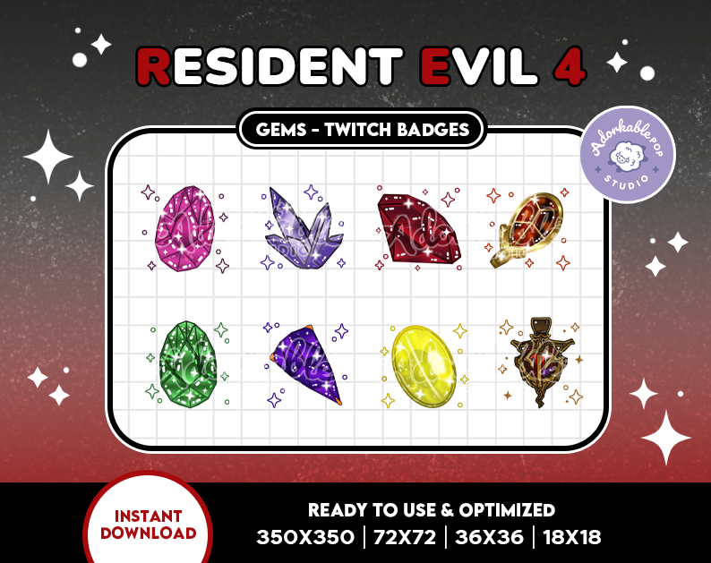 AdorkablePop's tweet photo. RE 4 Gems Stream Badges 💎

https://t.co/rilXtoqZQO 

#ResidentEvil #Twitch #Emotes #RE4 #emojis #stream #badges https://t.co/uq4AbsSE1T