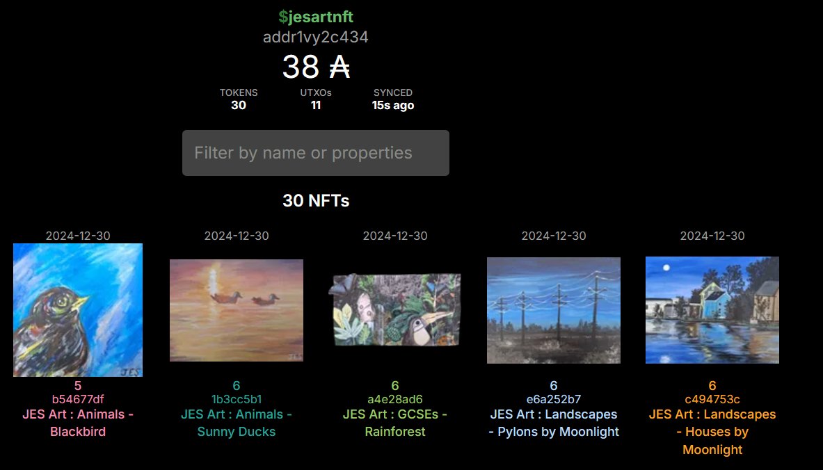 OK, I'm starting up the <a href="/jesartnft/">jes-art</a> vending machine.

If interested, please send 15 ADA to

$jesart.vend

or

addr1v96zf5lzup3uldhguxy985ul7xquswr33js4n8ypnluhm3qyuucyc

You'll receive one back randomly + 2 minus tx fees.