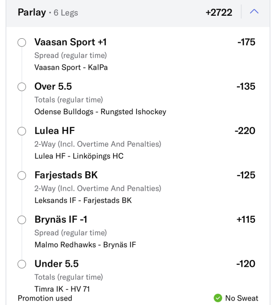 Chedzz's tweet photo. Euro Hockey No Sweat Lotto (+2722) 

Kinda button pressing not gonna lie! The Denmark over is my favorite play here.

I wish I knew how to get a link for this, but alas I got zero idea.

Vaasan 🇫🇮
Odense 🇩🇰
The Rest 🇸🇪

#NHLPicks #GamblingX https://t.co/5DTrNj8DZG