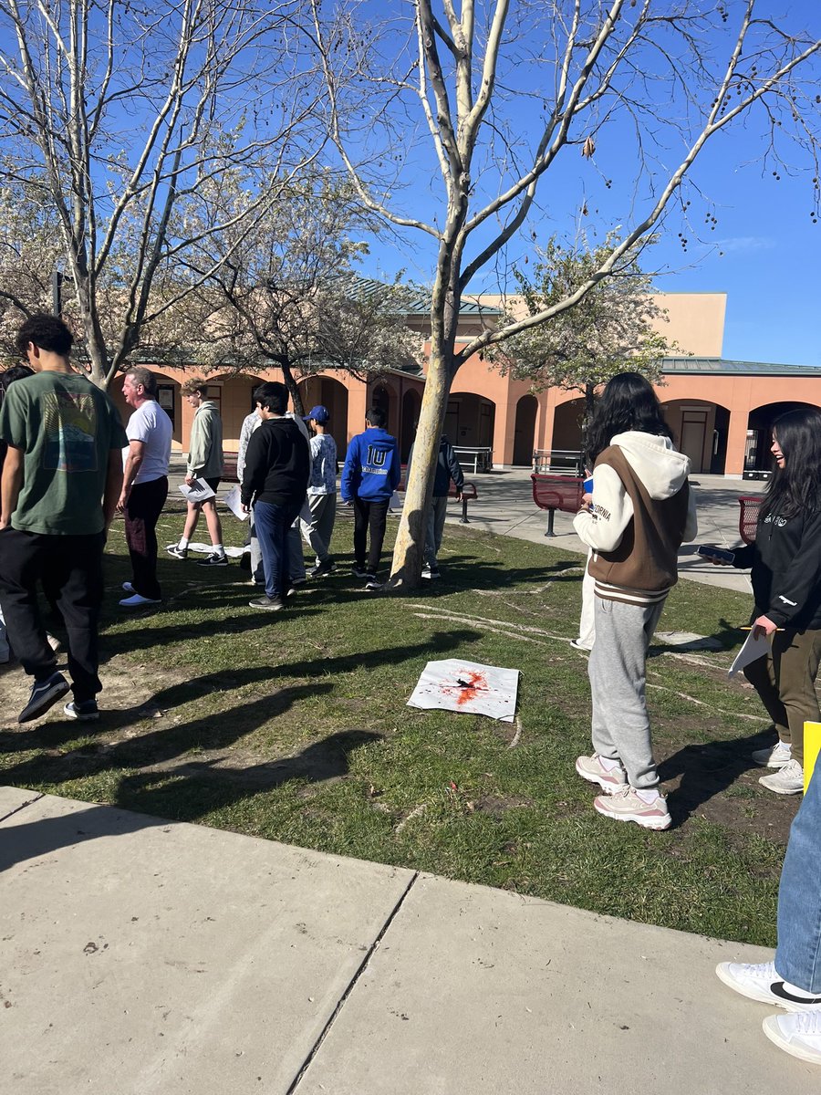 Our Forensic Science elective class studying blood splatter patterns with balloons and red paint