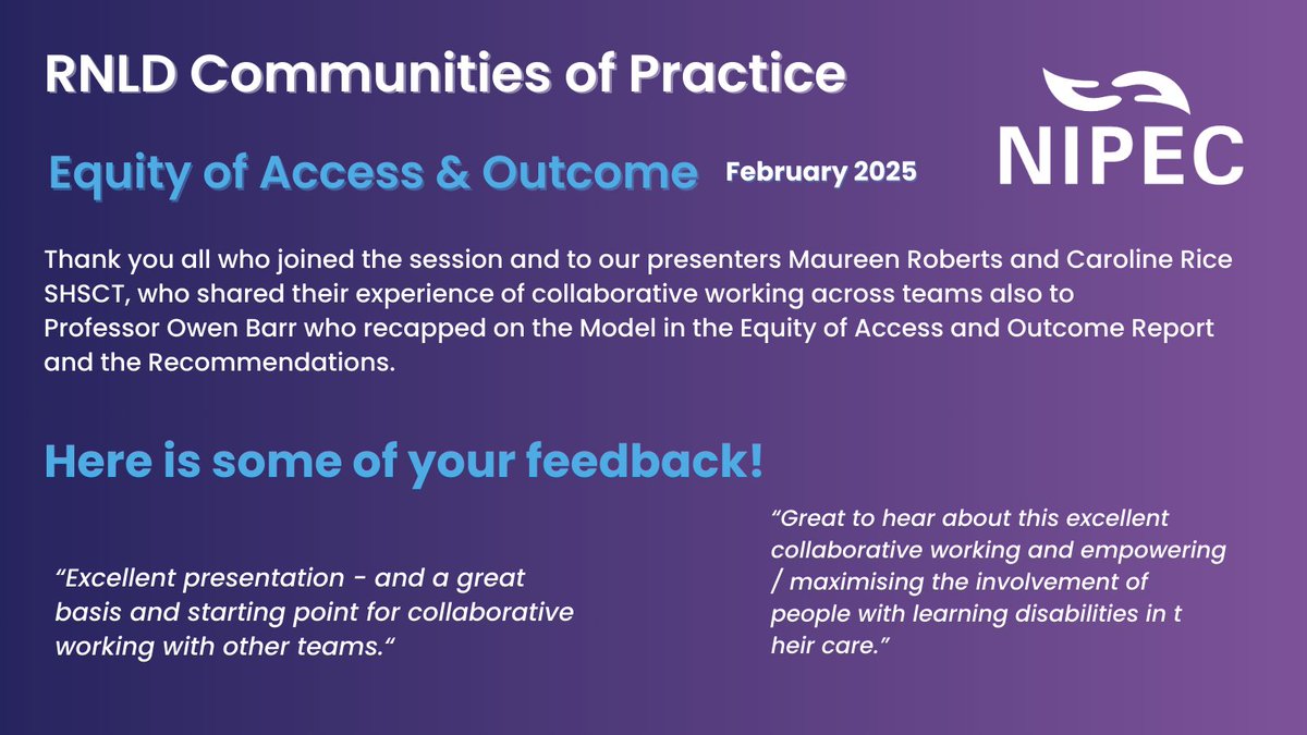 NIPEC (@nipec_online) on Twitter photo Our RNLD CoP virtual event 5 Feb got great engagement and feedback. Thank you to all. See the Model in the Equity of Access and Outcome Report and the Recommendations. nipec.hscni.net/learning-disab… <a href="/Lindak973/">Linda Kelly, Registered Nurse</a> Our RNLD CoP virtual event 5 Feb got great engagement and feedback. Thank you to all. See the Model in the Equity of Access and Outcome Report and the Recommendations. nipec.hscni.net/learning-disab… <a href="/Lindak973/">Linda Kelly, Registered Nurse</a>