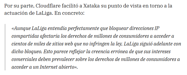 📢Cloudflare ha contestado al bloqueo

Resumen:
<a href="/LaLiga/">LALIGA</a> bloqueó IPs compartidas sabiendo que afectaría a MILLONES de consumidores y CIENTOS DE MILES de sitios legítimos. Priorizó sus intereses comerciales sobre el acceso a un Internet abierto.

Info + img
xatakamovil.com/streaming/lali…