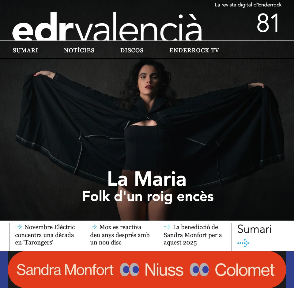 Enderrock (@enderrock) on Twitter photo ♦<a href="/lamariabs_/">La Maria 🍇</a> protagonitza l'EDR Valencià #81 per parlar-hi del pròxim disc 'Robina'.
➡També conversem amb <a href="/NElctric/">Novembre Elèctric</a>, #Mox, <a href="/Sandramonfort__/">Sandra Monfort</a>, <a href="/Smoking_Souls/">Smoking Souls</a>, i #Asqueiot, i recordem els <a href="/PremisOvidi/">el COM</a>.
Tot teu!✨✨
enderrock.cat/edrvalencia/nu… ♦<a href="/lamariabs_/">La Maria 🍇</a> protagonitza l'EDR Valencià #81 per parlar-hi del pròxim disc 'Robina'.
➡També conversem amb <a href="/NElctric/">Novembre Elèctric</a>, #Mox, <a href="/Sandramonfort__/">Sandra Monfort</a>, <a href="/Smoking_Souls/">Smoking Souls</a>, i #Asqueiot, i recordem els <a href="/PremisOvidi/">el COM</a>.
Tot teu!✨✨
enderrock.cat/edrvalencia/nu…
