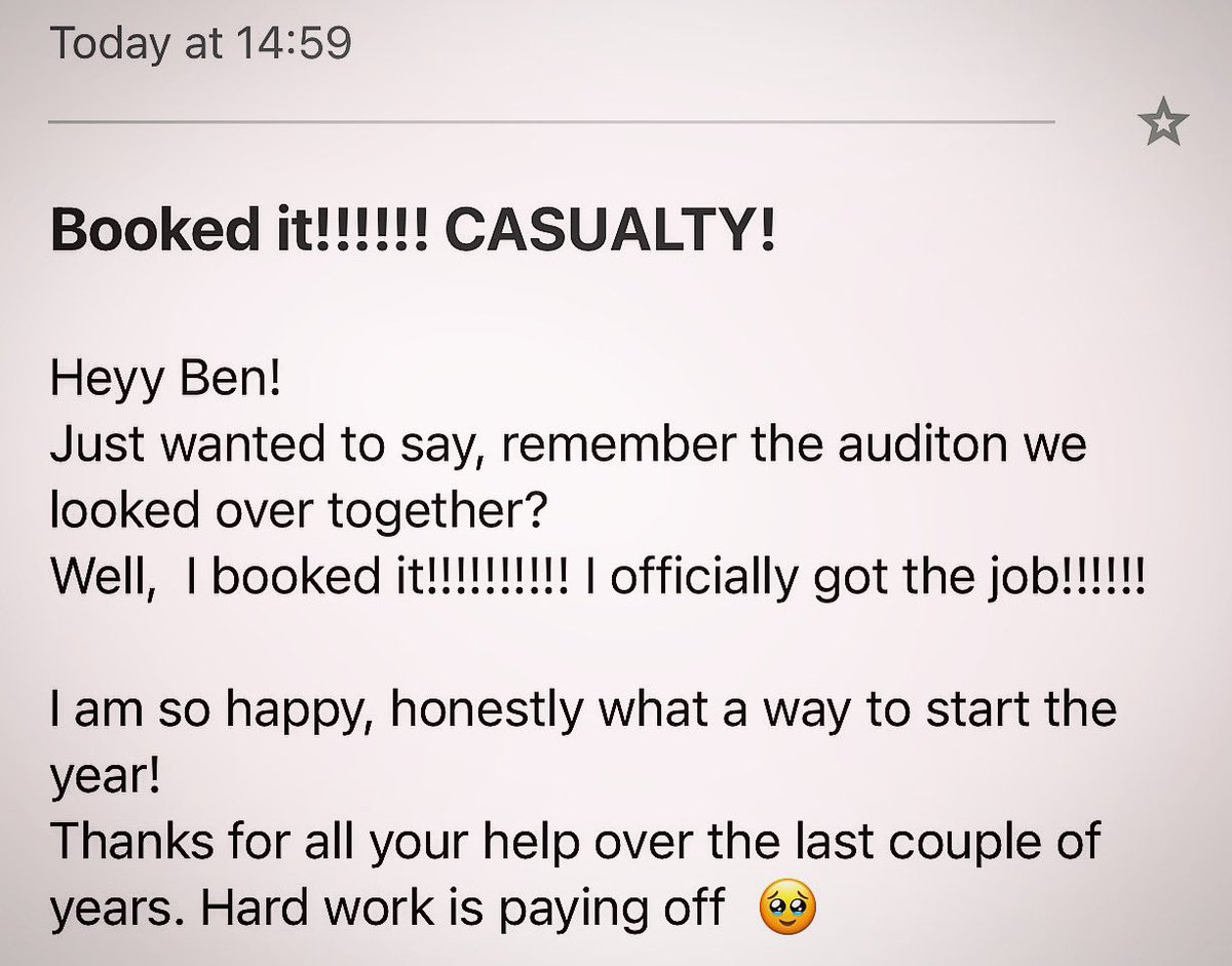 It’s happened again! I have been working with this actor in 1:1s since 2023. Her dedication, passion &amp; hard work has been inspiring. We worked together on a self tape for a guest role in CASUALTY … and look what has happened! Fantastic stuff!! #Working4Actors ❤️