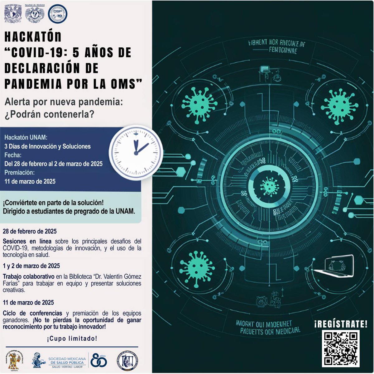 ¿Te sientes capaz de contener una pandemia? Si es así te invitamos al Hackaton "COVID-19: 5 años de declaración de pandemia por la OMS "el cual se llevará a cabo el 1 y 2 de Marzo, serán 15 horas de trabajo colaborativo. Registrarte en el QR
¡Cupo limitado!
#SomosFacmed #UNAM