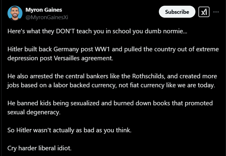 Here he is on a popular poorly informed or simply evil rant on how Hitler was actually the good guy.