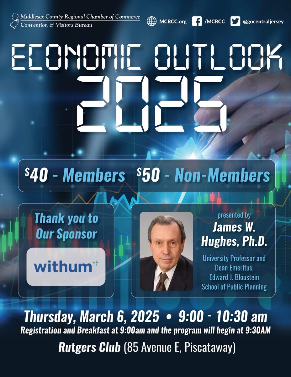 Join the Middlesex County Regional Chamber of Commerce for The Middlesex County 2025 Economic Outlook Presented by Dean James W. Hughes, Ph.D, Rutgers University. 

Thursday, March 6th from 9 to 10:30 AM at The Rutgers Club.

Register at mcrcc.org/event/middlese…