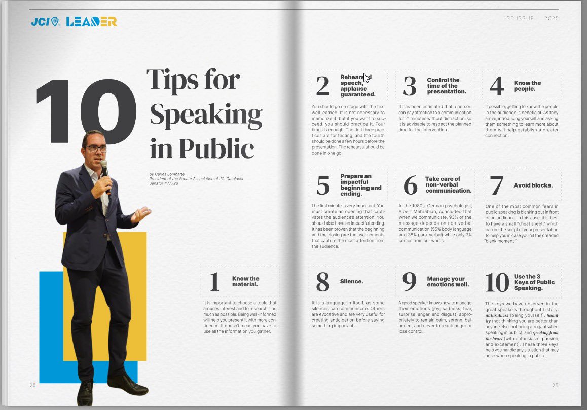 🚀 Exciting news! The first issue of Leader Magazine 2025 from <a href="/jcileaders/">JCI</a> is now live!  

This edition features 10 Tips for Speaking in Public—read, get inspired, and keep making an impact! 💪📖  

👇 Read it now: 

online.fliphtml5.com/esrbo/owth/#p=1

#LeaderMagazine #JCI #PublicSpeaking