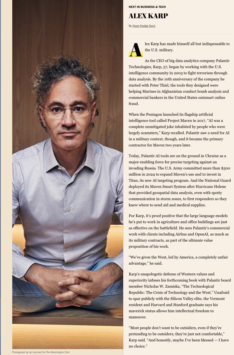 eliano's tweet image. Palantir Co-founder &amp;amp; CEO Dr. Alex Karp is one of 50 individuals highlighted in the @washingtonpost's Post Next, "50 people shaping our society in 2025." 

"Most people don't want to be outsiders, even if they're pretending to be outsiders; they're just not comfortable," Karp…